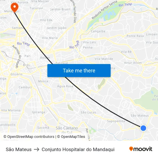 São Mateus to Conjunto Hospitalar do Mandaqui map