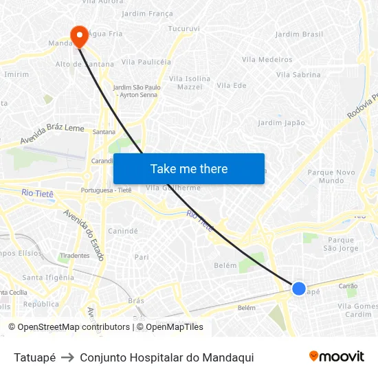 Tatuapé to Conjunto Hospitalar do Mandaqui map