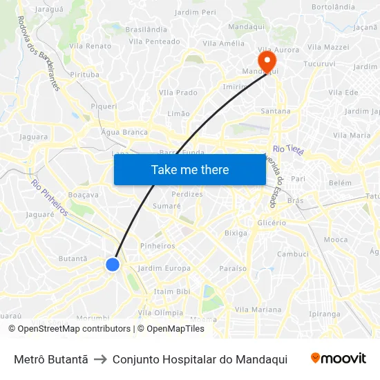 Metrô Butantã to Conjunto Hospitalar do Mandaqui map
