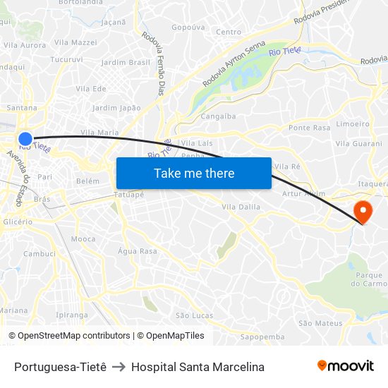 Portuguesa-Tietê to Hospital Santa Marcelina map