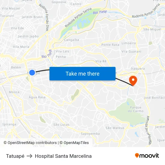 Tatuapé to Hospital Santa Marcelina map