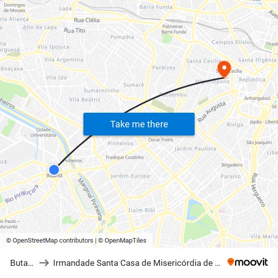 Butantã to Irmandade Santa Casa de Misericórdia de São Paulo map