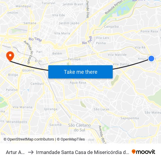 Artur Alvim to Irmandade Santa Casa de Misericórdia de São Paulo map