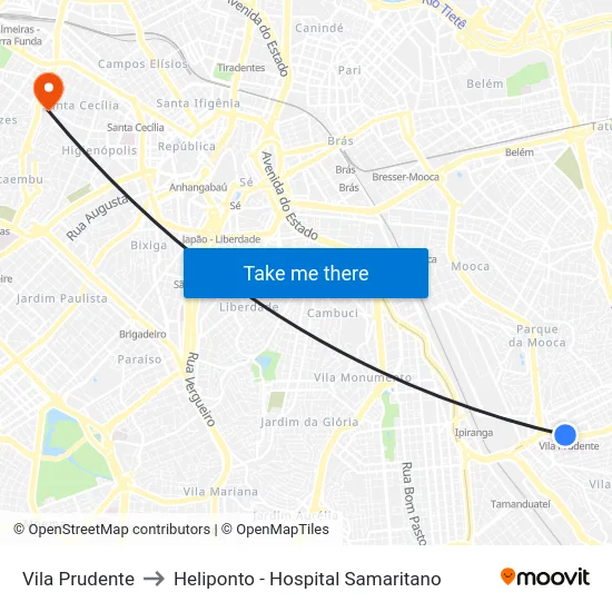 Vila Prudente to Heliponto - Hospital Samaritano map