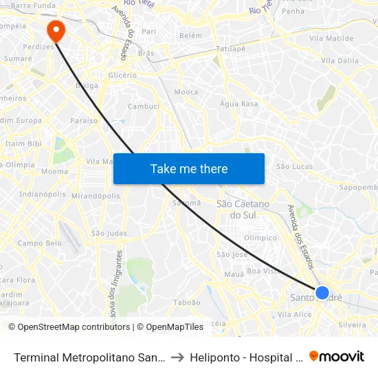 Terminal Metropolitano Santo André Oeste to Heliponto - Hospital Samaritano map