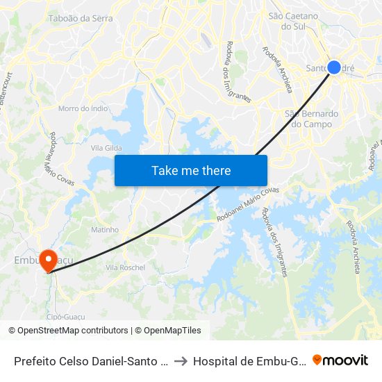 Prefeito Celso Daniel-Santo André to Hospital de Embu-Guaçu map