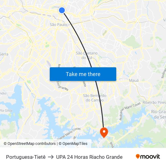 Portuguesa-Tietê to UPA 24 Horas Riacho Grande map