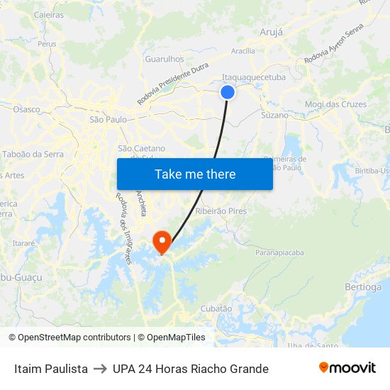 Itaim Paulista to UPA 24 Horas Riacho Grande map