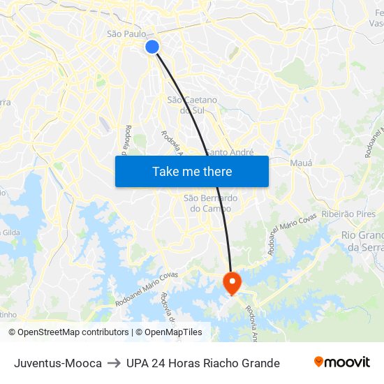 Juventus-Mooca to UPA 24 Horas Riacho Grande map