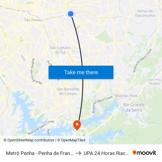 Metrô Penha - Penha de França, São Paulo to UPA 24 Horas Riacho Grande map