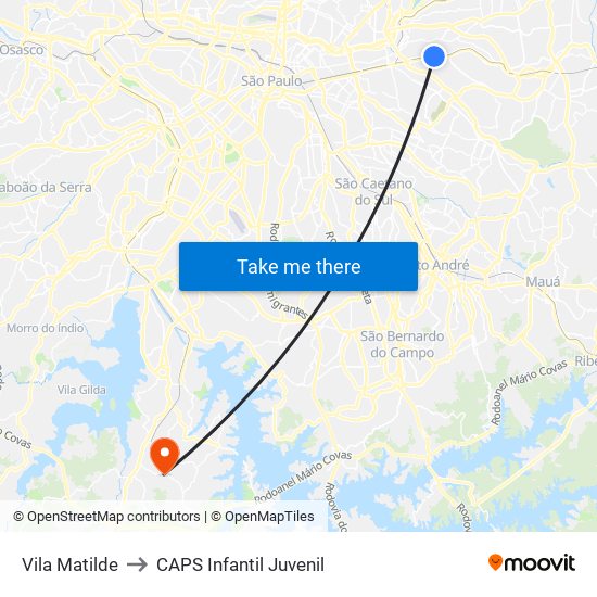 Vila Matilde to CAPS Infantil Juvenil map