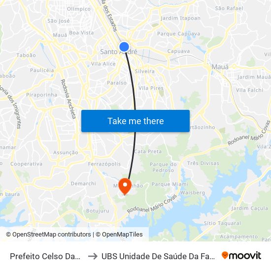 Prefeito Celso Daniel-Santo André to UBS Unidade De Saúde Da Família Do Parque Selecta map
