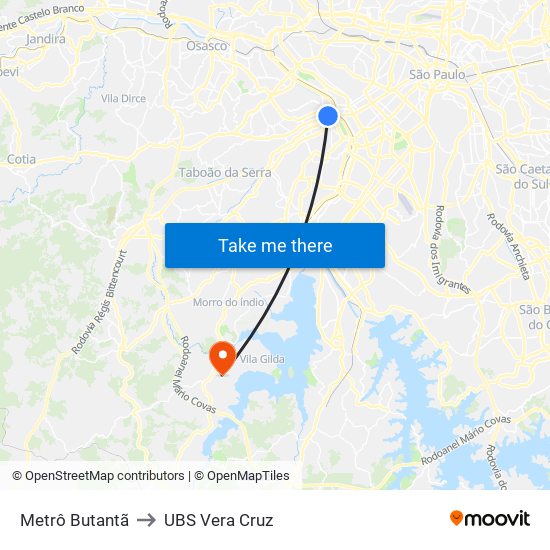 Metrô Butantã to UBS Vera Cruz map