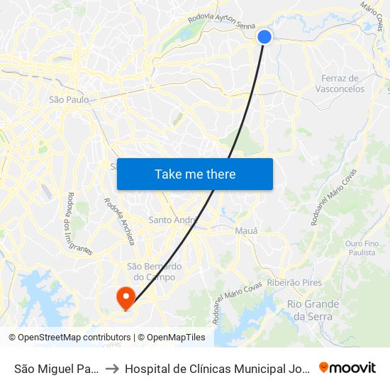 São Miguel Paulista to Hospital de Clínicas Municipal José Alencar map