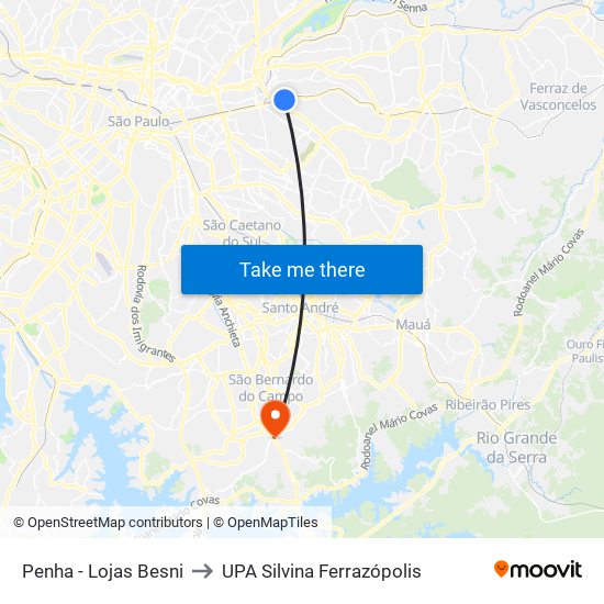 Penha - Lojas Besni to UPA Silvina Ferrazópolis map