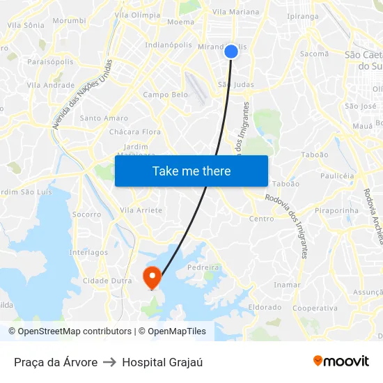 Praça da Árvore to Hospital Grajaú map