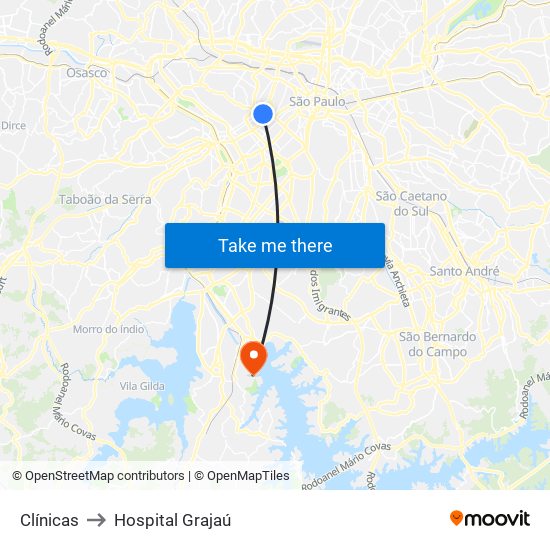 Clínicas to Hospital Grajaú map