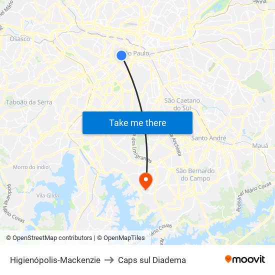 Higienópolis-Mackenzie to Caps sul Diadema map