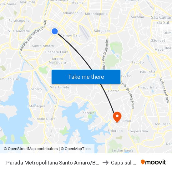 Parada Metropolitana Santo Amaro/Brooklin (Metrô Brooklin) to Caps sul Diadema map