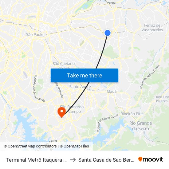 Terminal Metrô Itaquera Norte to Santa Casa de Sao Bernardo map