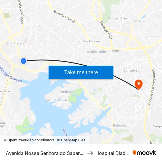 Avenida Nossa Senhora do Sabará, 4455 to Hospital Diadema map