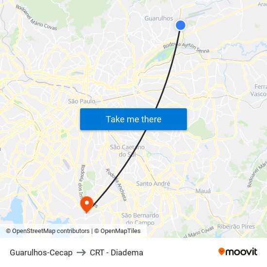 Guarulhos-Cecap to CRT - Diadema map