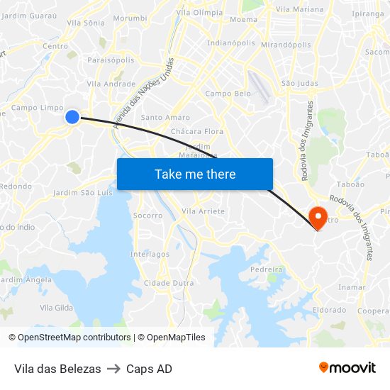 Vila das Belezas to Caps AD map