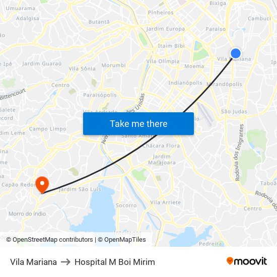 Vila Mariana to Hospital M Boi Mirim map