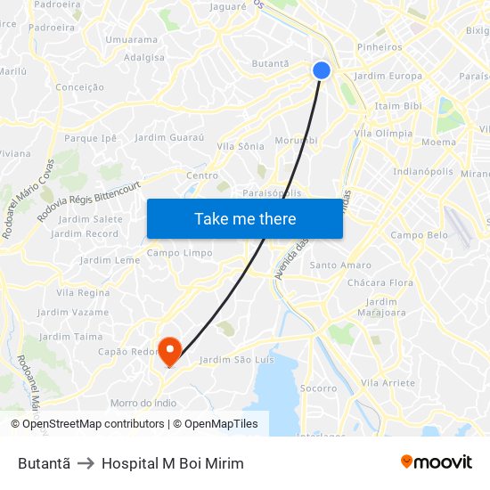 Butantã to Hospital M Boi Mirim map