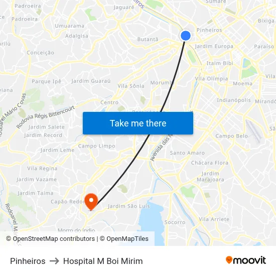 Pinheiros to Hospital M Boi Mirim map