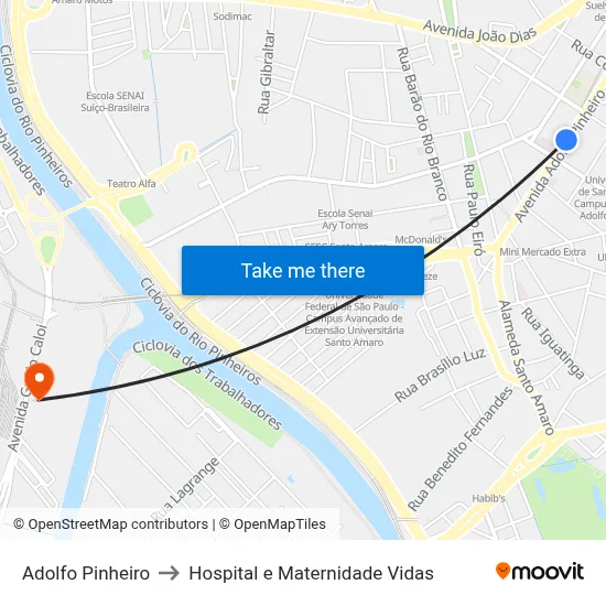 Adolfo Pinheiro to Hospital e Maternidade Vidas map