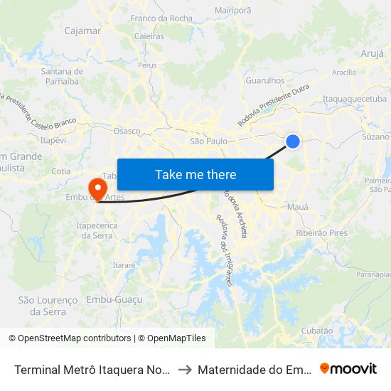 Terminal Metrô Itaquera Norte to Maternidade do Embú map