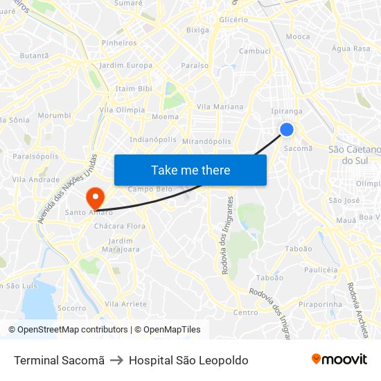 Terminal Sacomã to Hospital São Leopoldo map