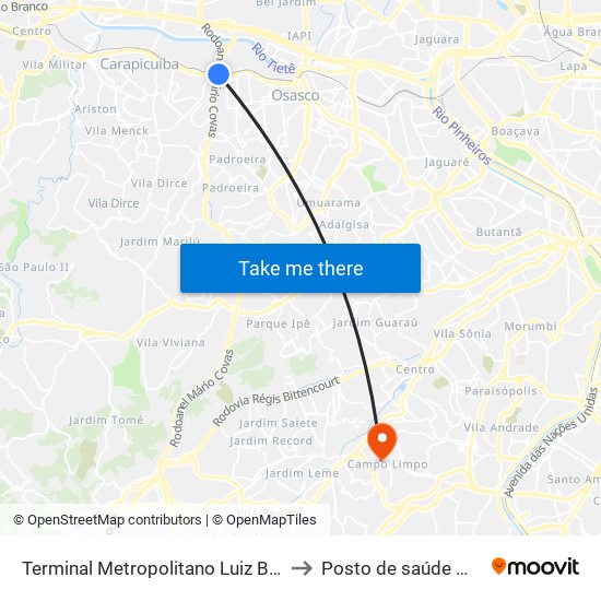 Terminal Metropolitano Luiz Bortolosso / Km 21 to Posto de saúde Maria Virginia map