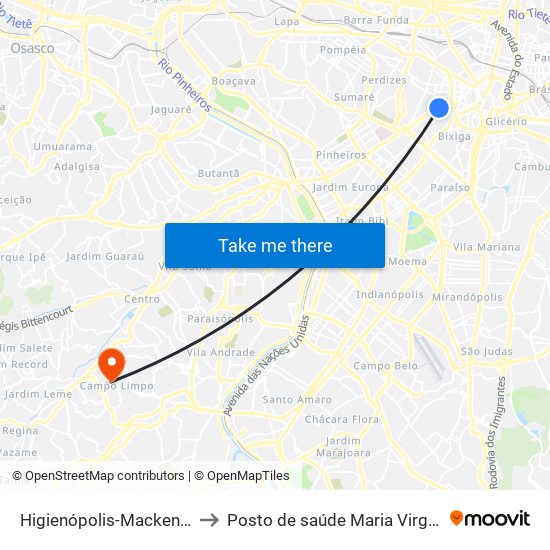 Higienópolis-Mackenzie to Posto de saúde Maria Virginia map