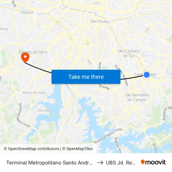 Terminal Metropolitano Santo André Oeste to UBS Jd. Record map