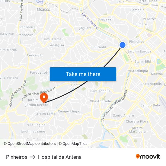 Pinheiros to Hospital da Antena map