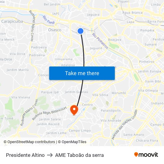 Presidente Altino to AME Taboão da serra map