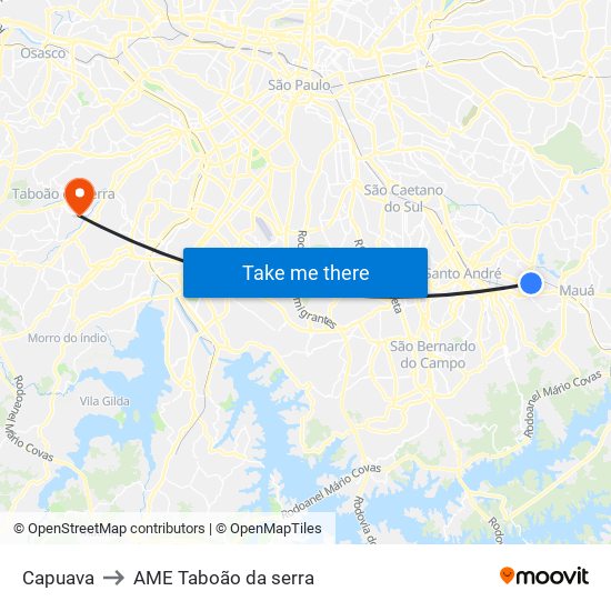 Capuava to AME Taboão da serra map