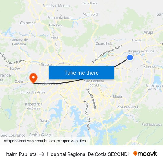 Itaim Paulista to Hospital Regional De Cotia SECONDI map