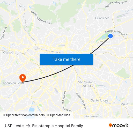 USP Leste to Fisioterapia Hospital Family map