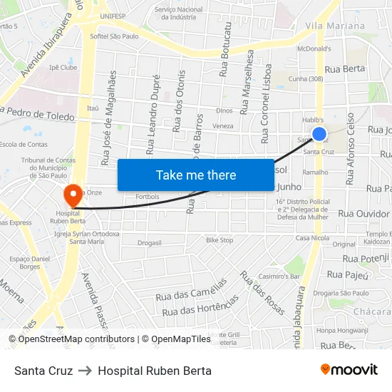 Santa Cruz to Hospital Ruben Berta map