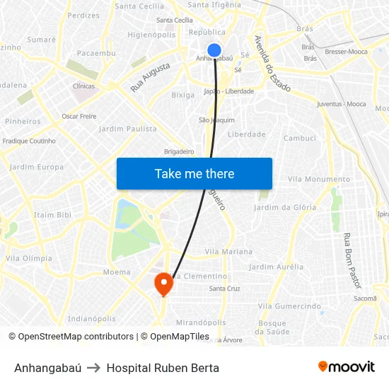 Anhangabaú to Hospital Ruben Berta map