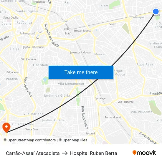 Carrão-Assaí Atacadista to Hospital Ruben Berta map
