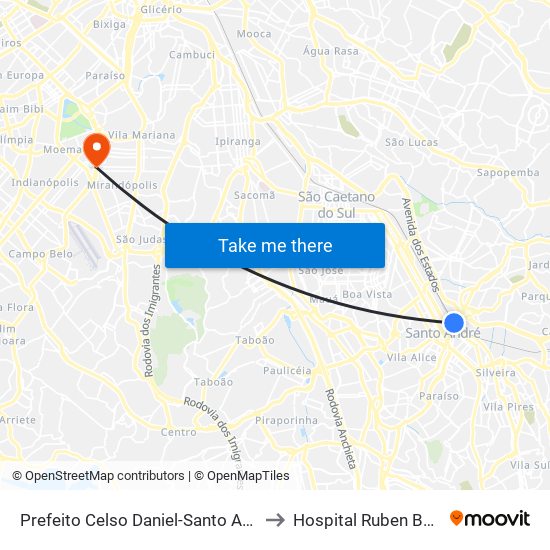 Prefeito Celso Daniel-Santo André to Hospital Ruben Berta map