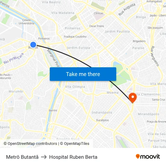 Metrô Butantã to Hospital Ruben Berta map