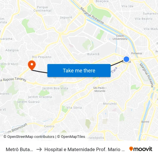 Metrô Butantã to Hospital e Maternidade Prof. Mario Degni map