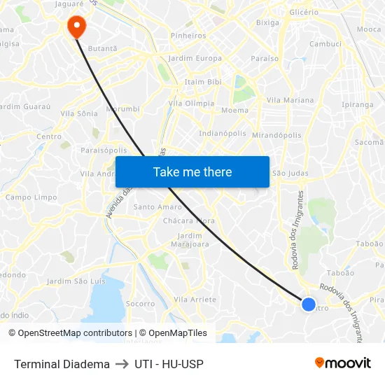 Terminal Diadema to UTI - HU-USP map