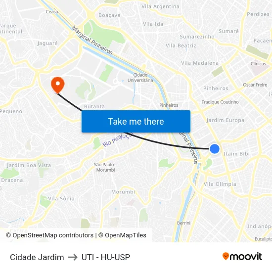 Cidade Jardim to UTI - HU-USP map