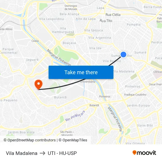 Vila Madalena to UTI - HU-USP map